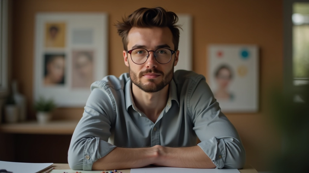 Designer trabalha em computador criando layout de portfólio, com amostras de projetos espalhadas na mesa