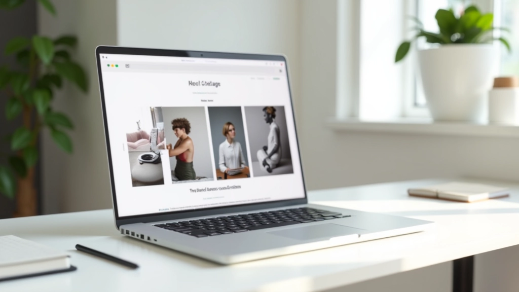 Computador portátil exibindo um site de portfólio minimalista com galeria de projetos de design