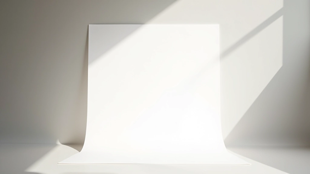 Setup de fotografia profissional com luz natural de janela, papel branco de fundo e um projeto de design posicionado em ângulo para demonstração
