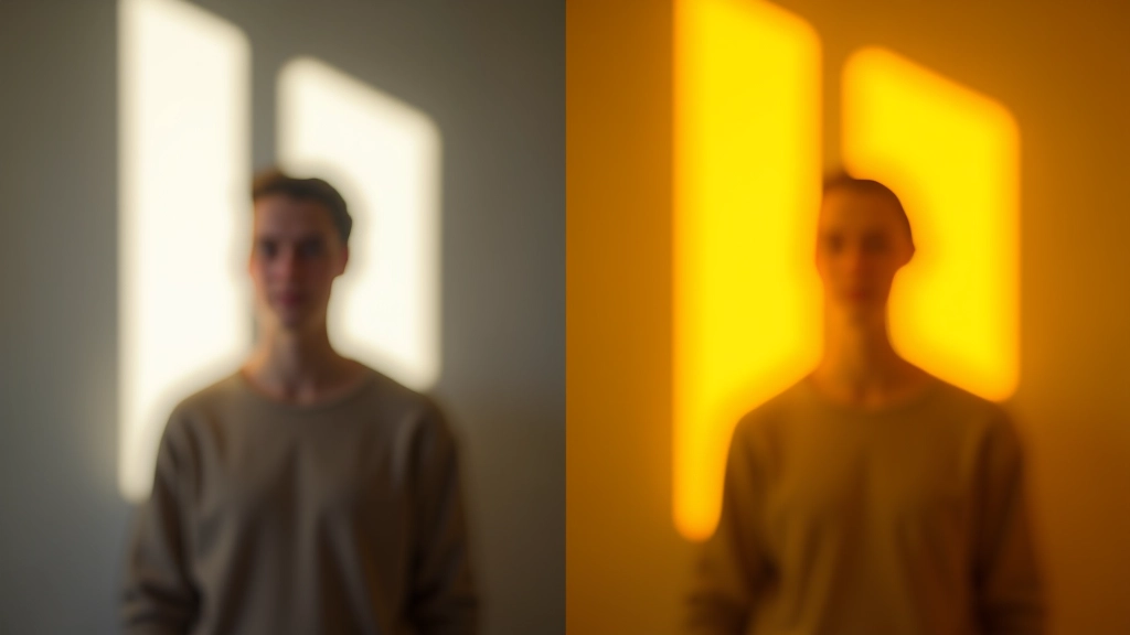 Comparação lado a lado de fotografia com luz natural suave versus luz artificial amarelada, mostrando diferença de qualidade e precisão de cores