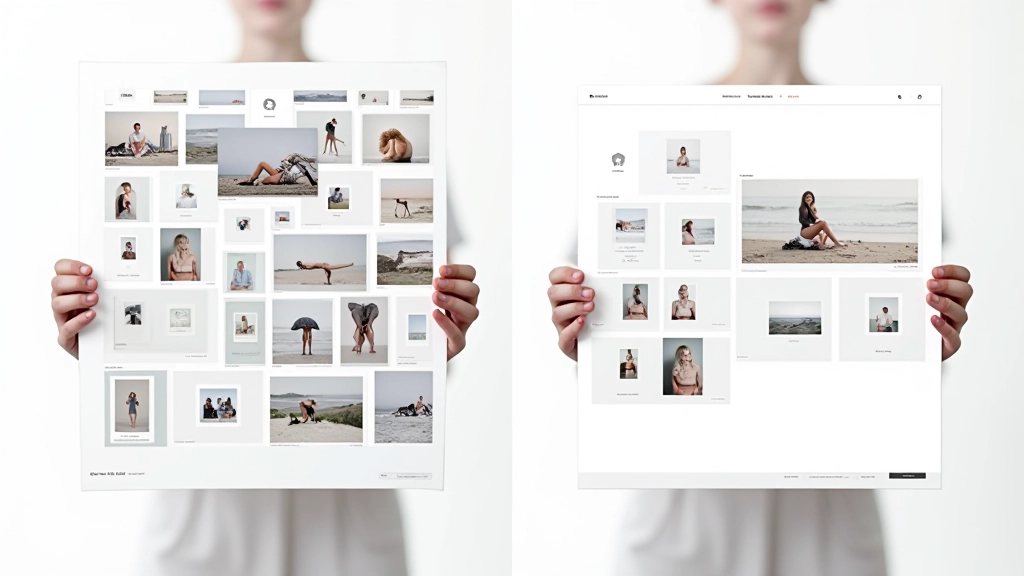 Comparação de dois layouts de galeria: um desorganizado e outro bem estruturado com grid limpo